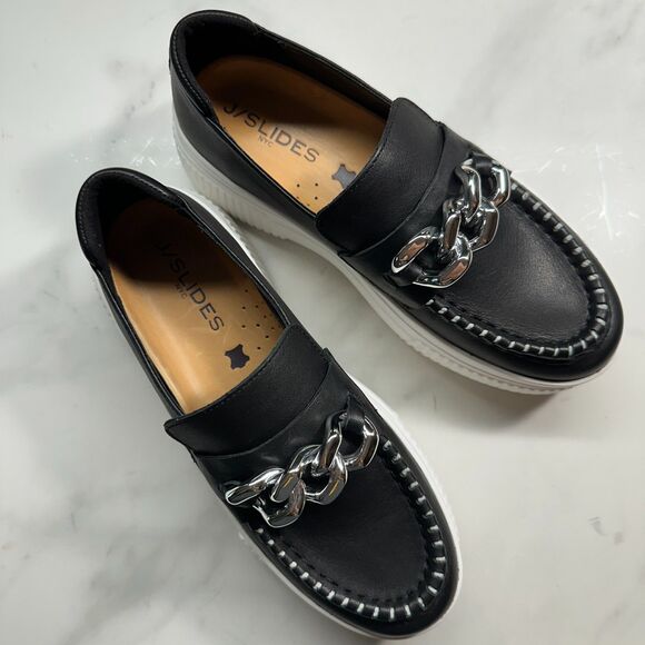 J/Slides Women's Willa Black Leather Platform Modern Slip On Loafer Size 7 - Picture 2 of 13